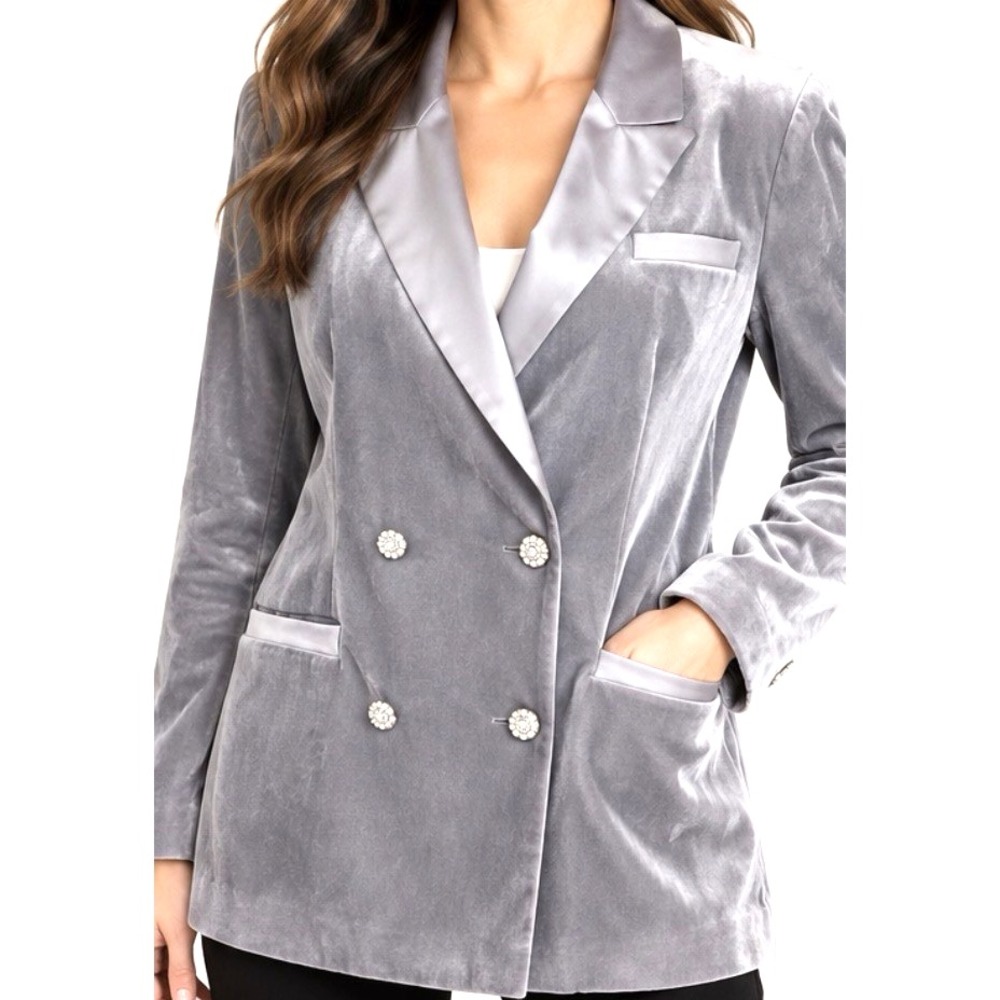 Bloomingdales Velvet Blazer Jacket Rhinestone Buttons Silk  Blend Gray SZ 10